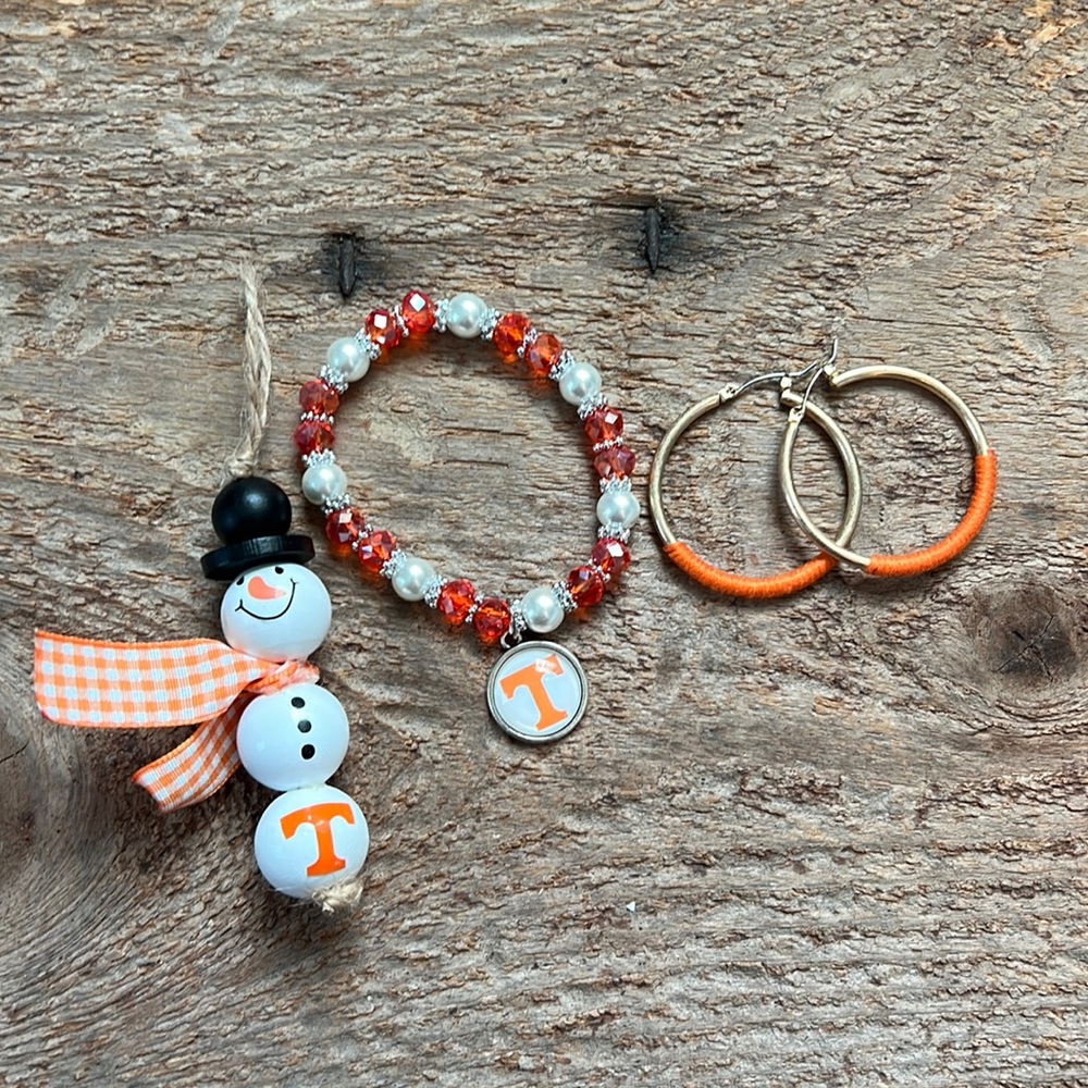 Tennessee Vols bracelet, Tennessee ornament, Tennessee Vols earrings, Vols set
